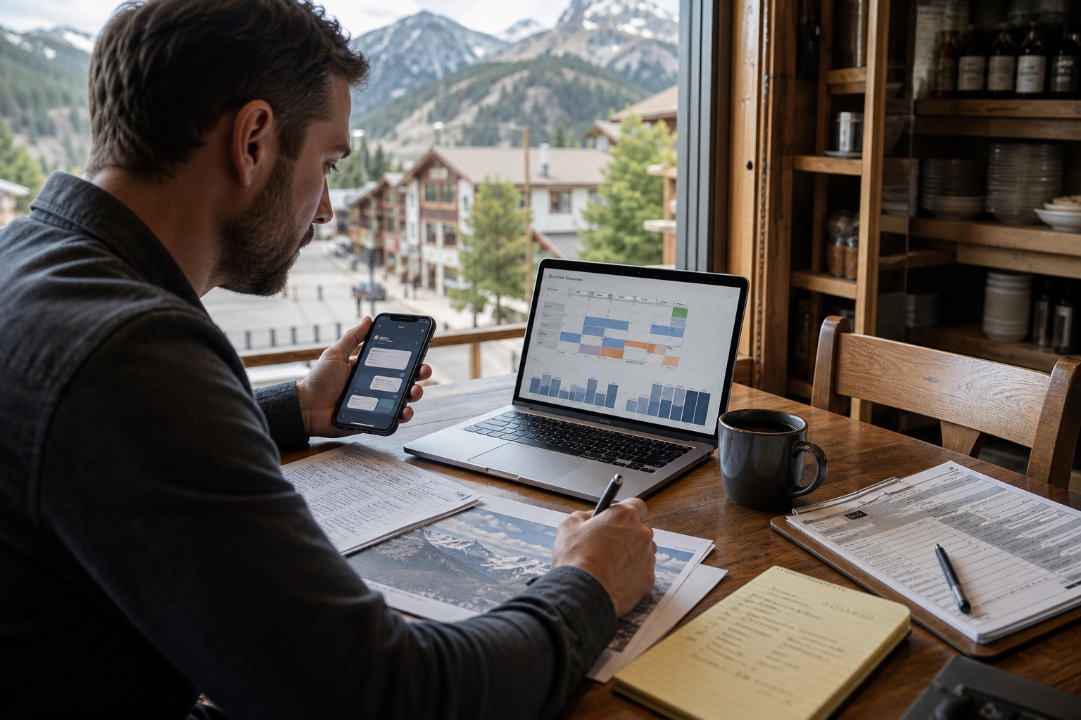 Restaurateur qui prépare son planning avec un assistant sur téléphone et un calendrier