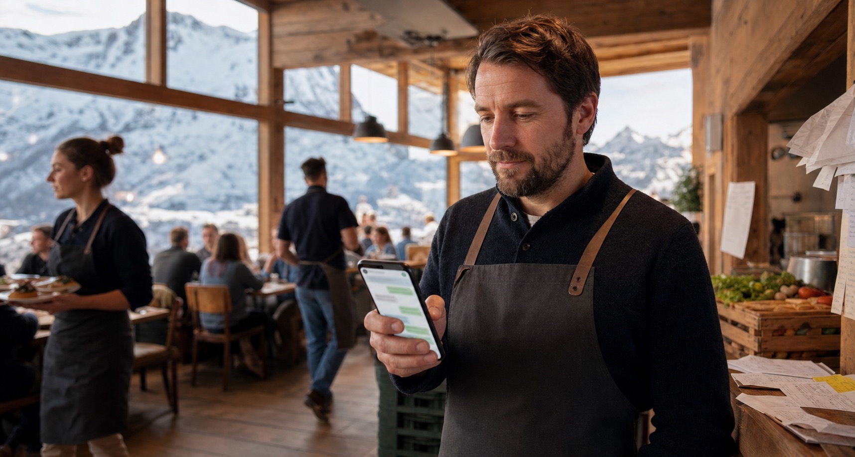Restaurateur de montagne qui pilote son service depuis son téléphone