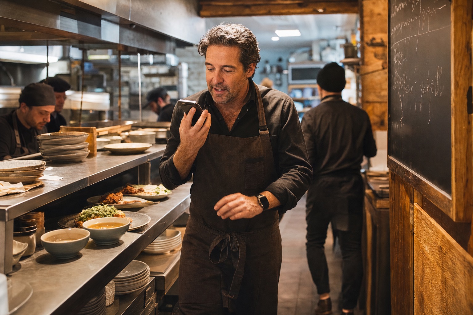 Restaurateur qui enregistre un message vocal dans une cuisine de montagne en plein service
