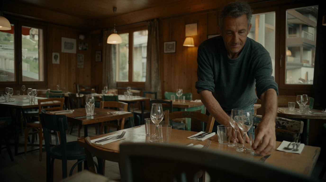 Een restauranthouder zet in alle rust de glazen klaar in een houten alpine eetzaal voor de service