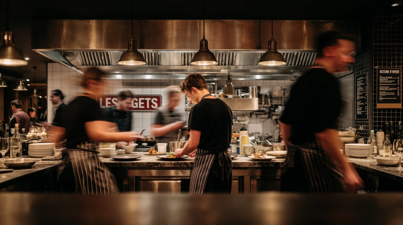 Een drukke restaurantkeuken tijdens de avondservice in Les Gets