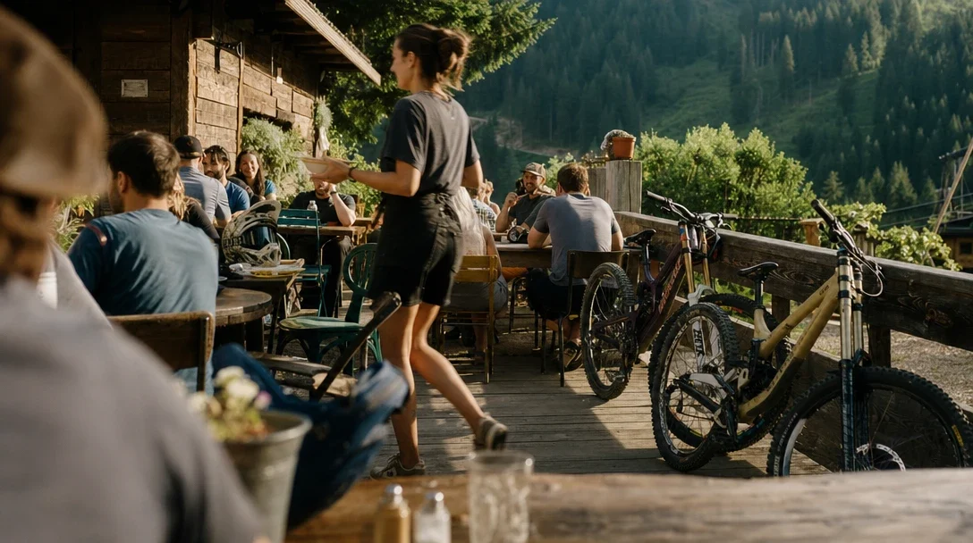 Eine Kellnerin trägt Teller über eine volle Sommerterrasse, Mountainbikes lehnen am Geländer