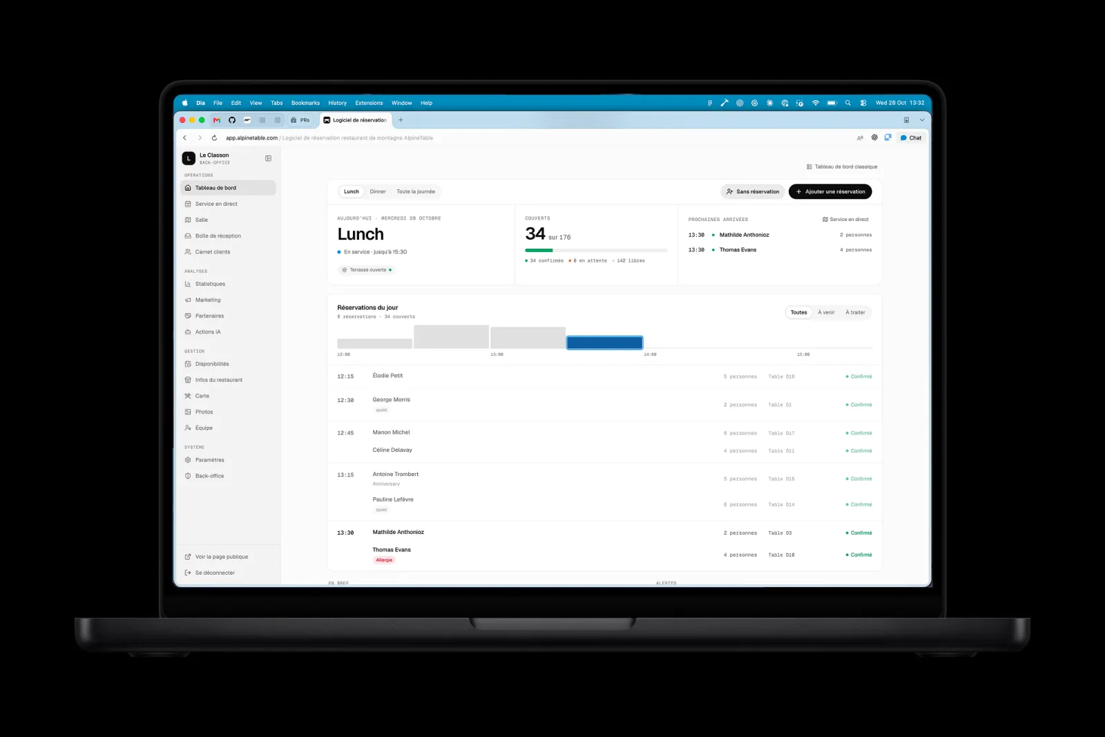 AlpineTable dashboard on a laptop, showing today’s lunch service, covers and bookings