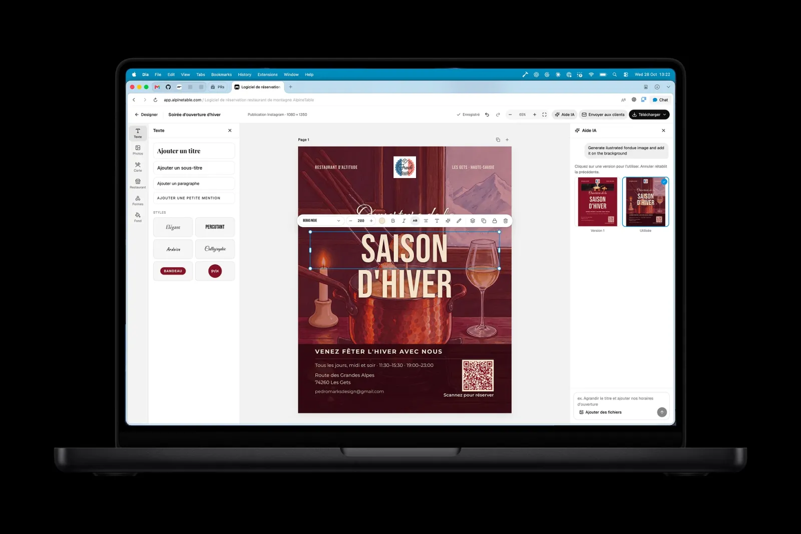 AlpineTable designer on a laptop, editing a winter season poster made with AI