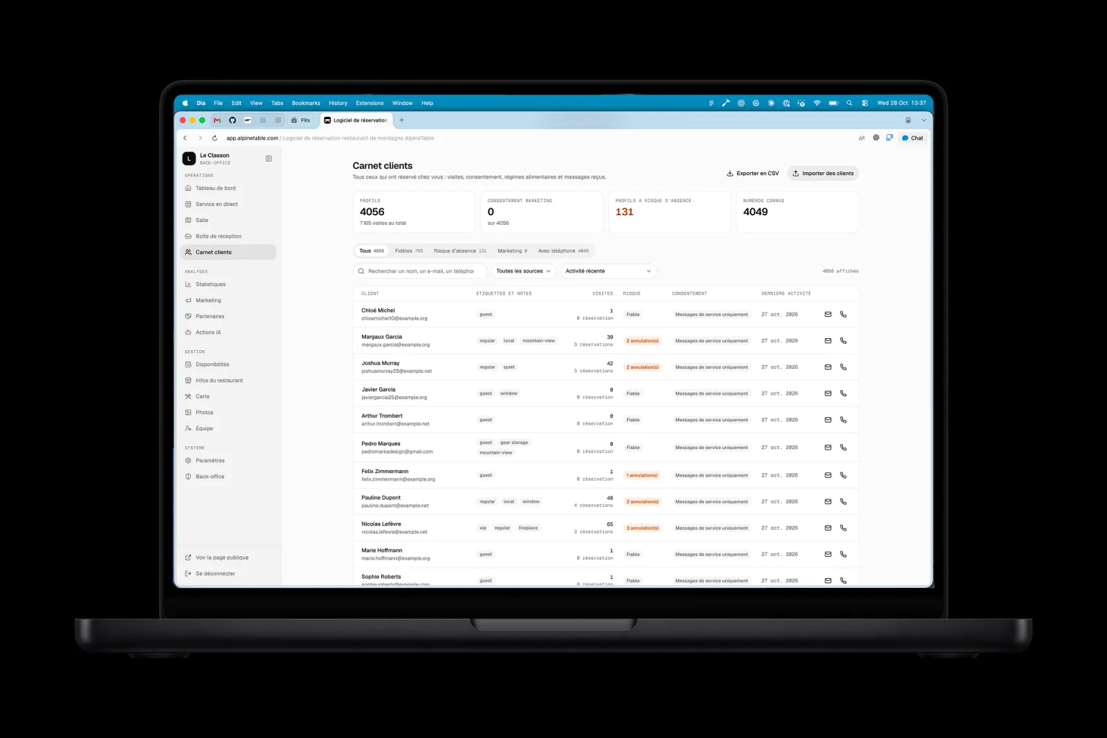 AlpineTable guest book on a laptop, listing guests with visits, tags and consent