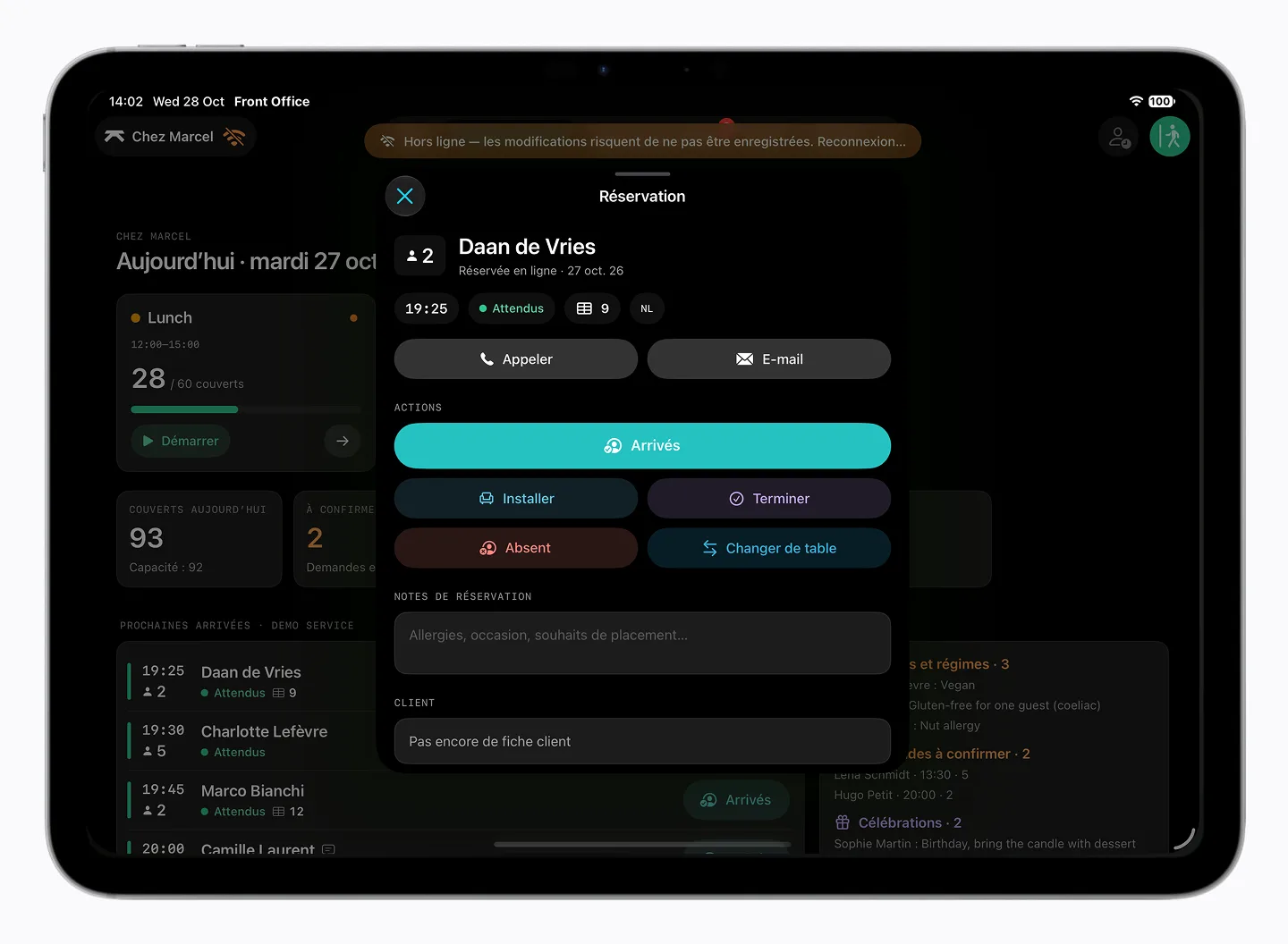 Front Office on a tablet: a booking with arrived, seat, finish, no-show and change table actions