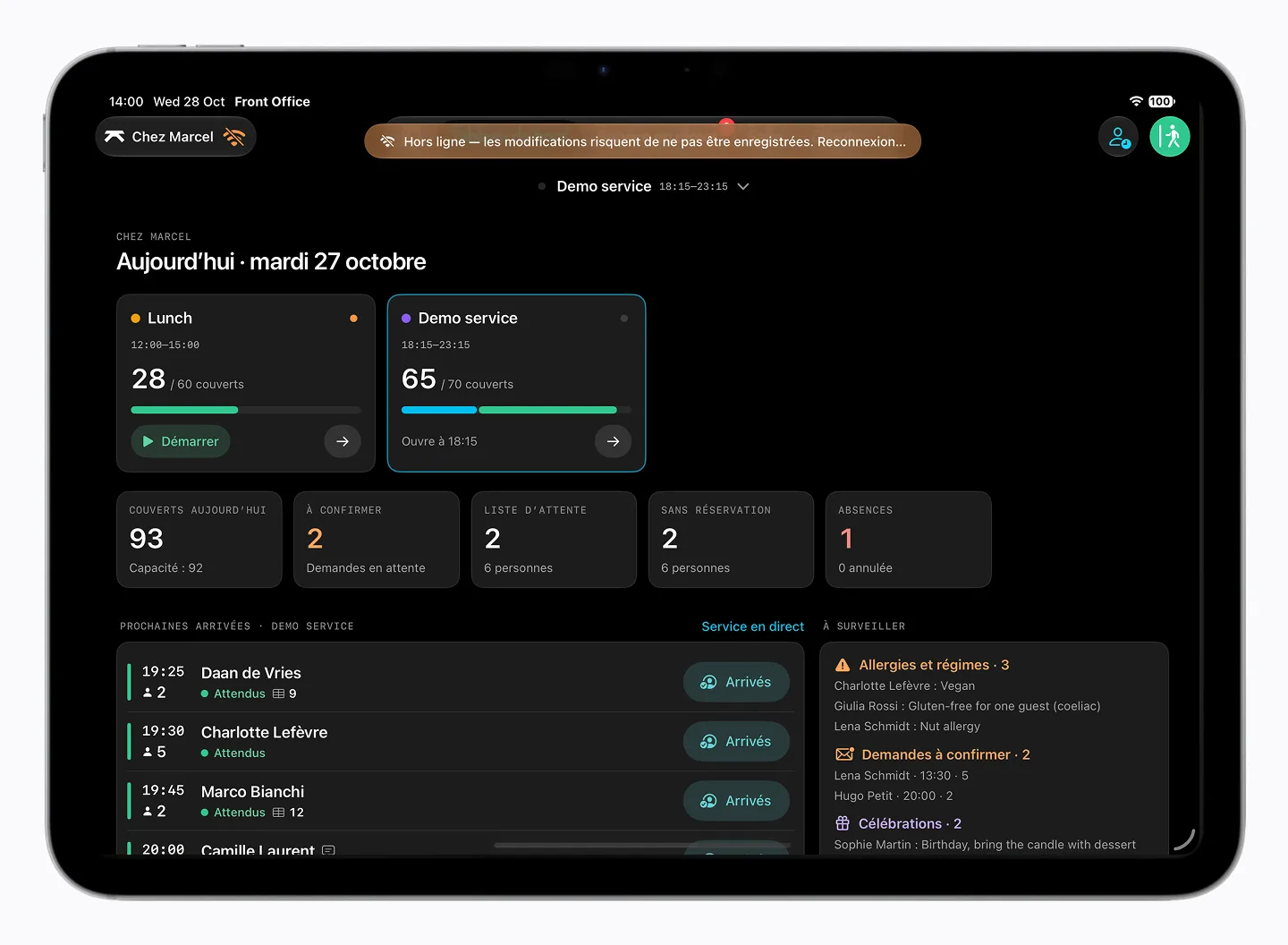 Front Office on a tablet: dashboard with today’s services, covers and allergies