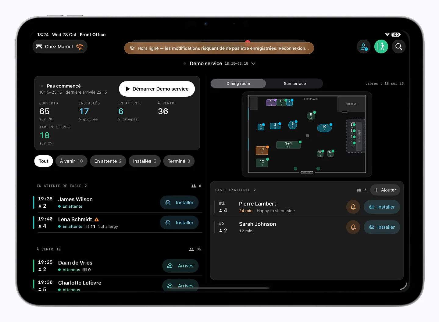 Front Office on a tablet: live service list, floor plan and waitlist side by side