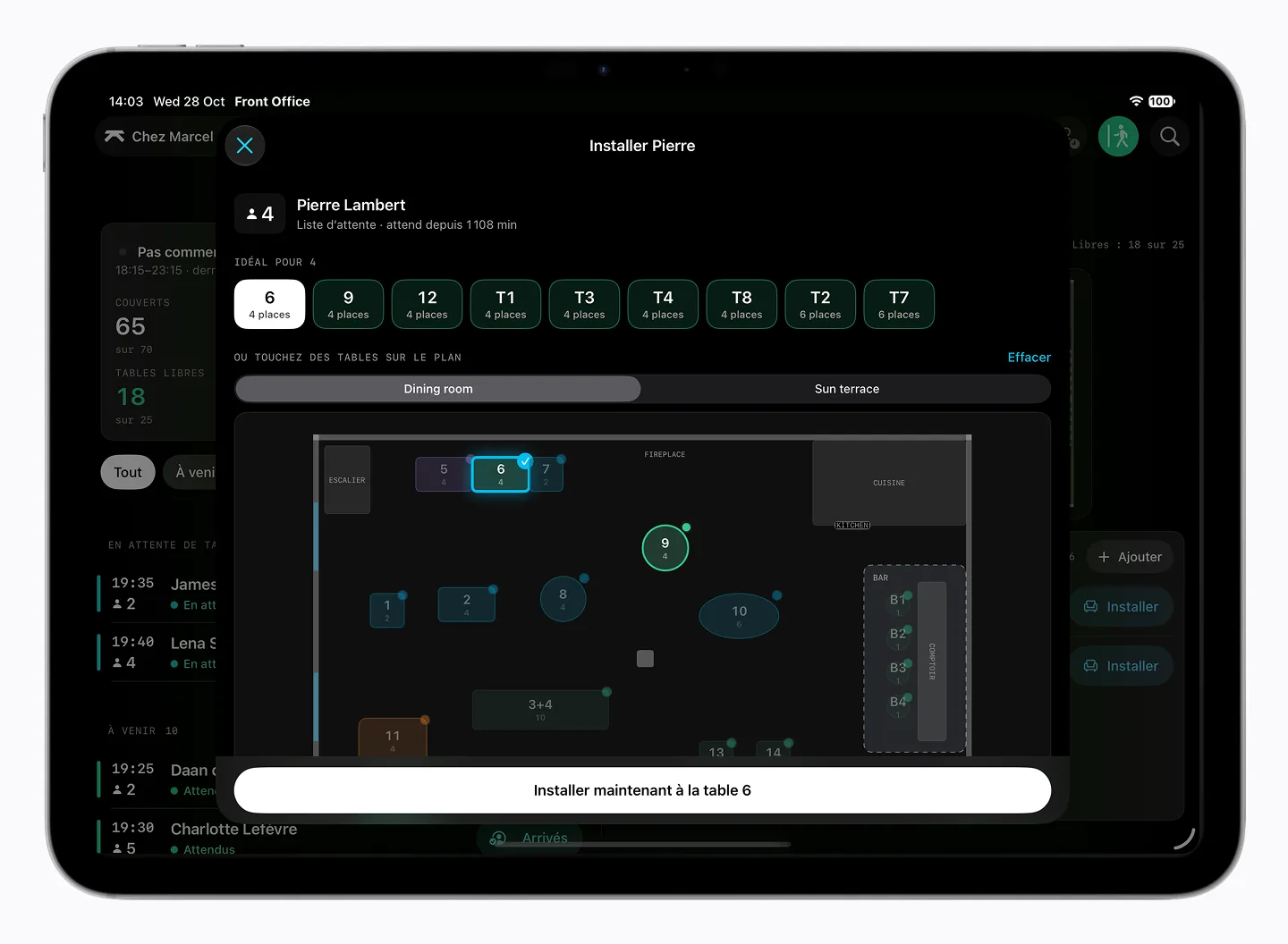 Front Office on a tablet: seating a party of four, with suggested tables and the floor plan