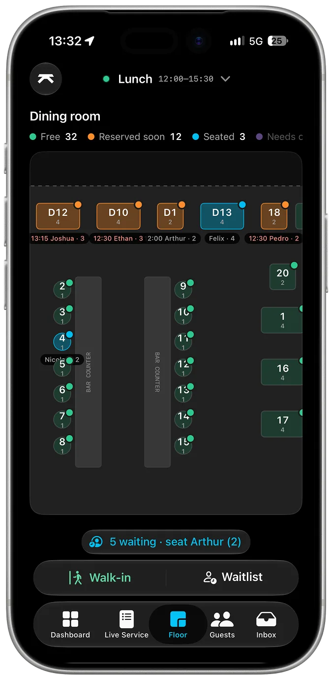 Front Office on a mobile phone: floor plan of the dining room with table status