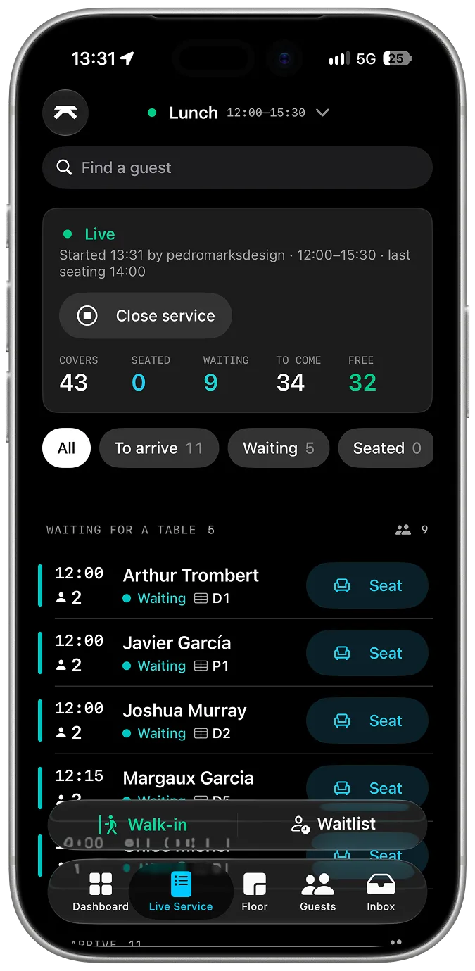 Front Office on a mobile phone: live service, listing guests waiting for a table