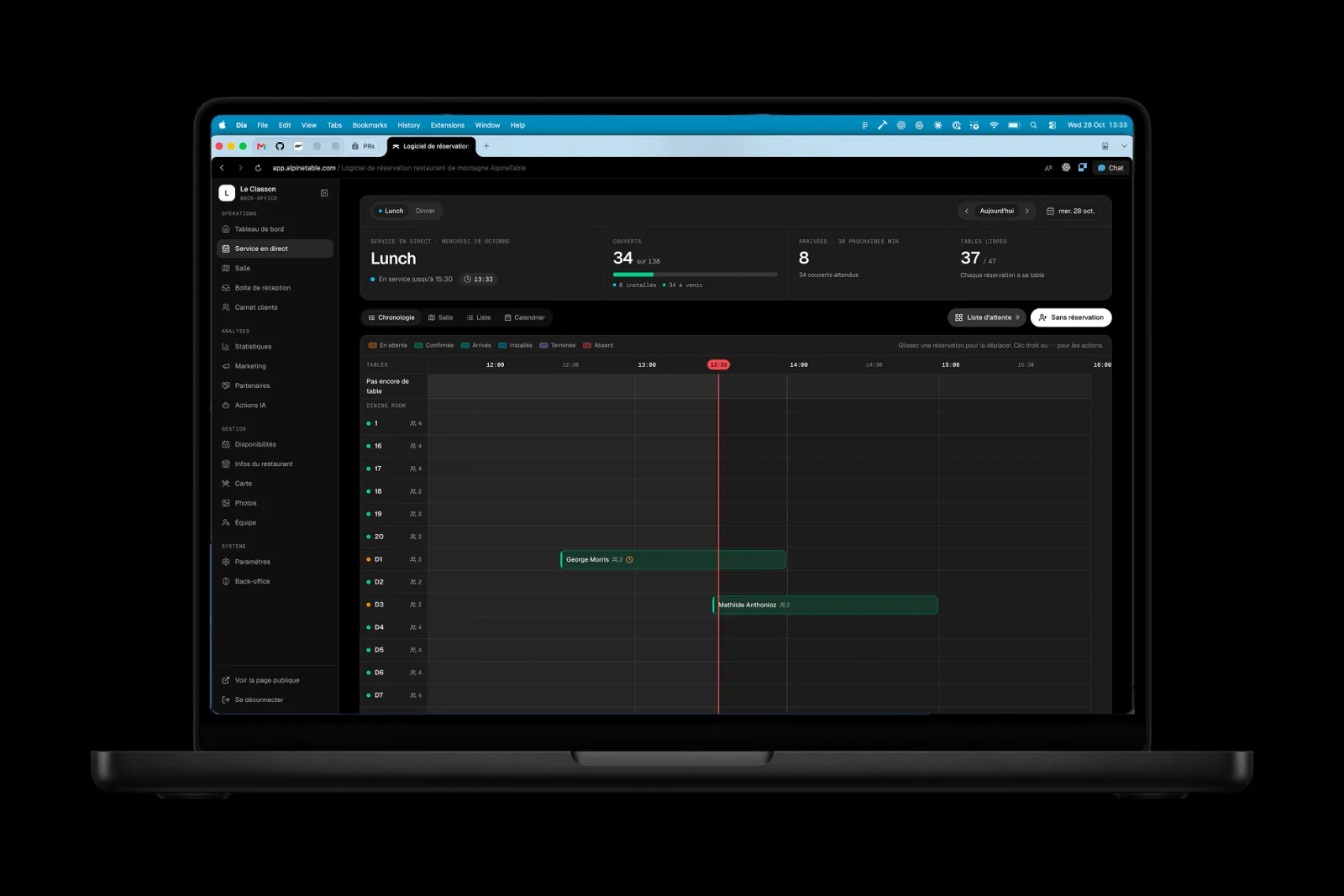 AlpineTable live service on a laptop, showing a timeline of tables and bookings in dark mode